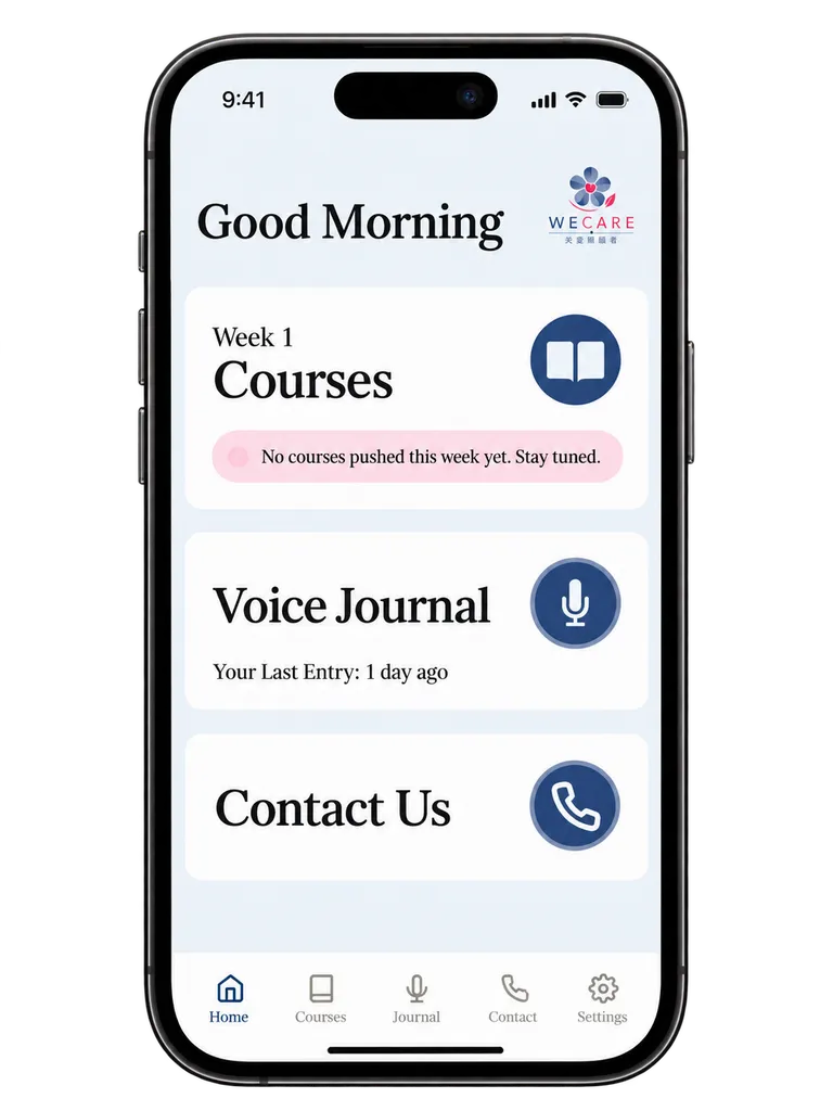 Phone mockup showing the WECARE app interface.